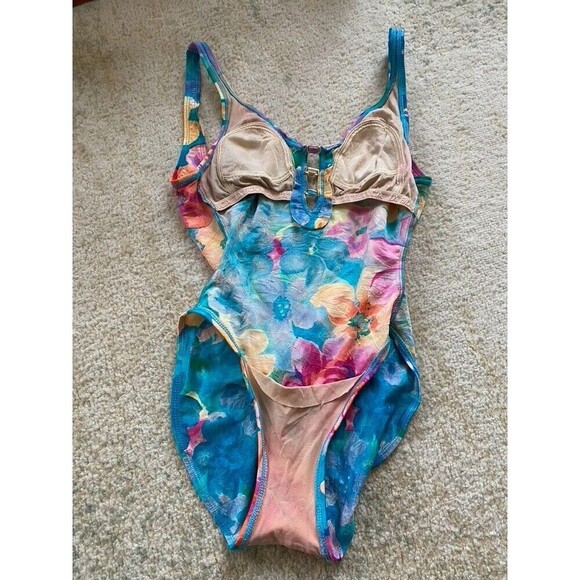 Vintage La Blanca Size 6 Swimsuit Flroal 1 Piece Plunge Front Low Back High Cut - Picture 8 of 9